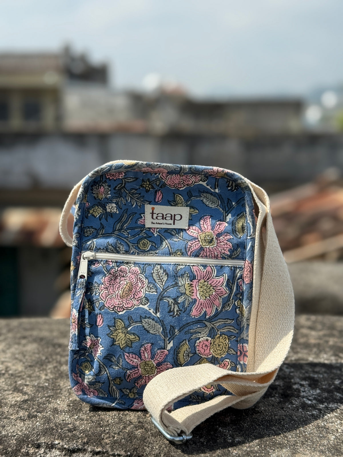 Dark Blue Floral Cotton Canvas Vertical Crossbody Sling – Travel Light, Stay Stylish