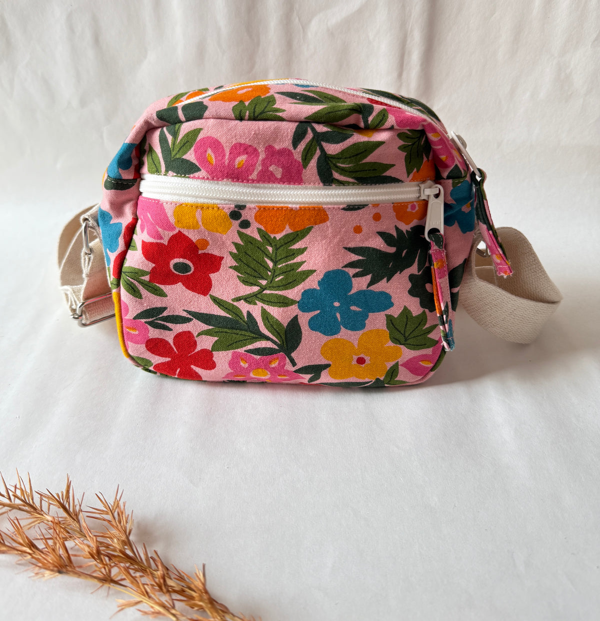 Tropical Blush Bloom Cotton Canvas Multi-pocket Crossbody Sling – Travel Light, Stay Stylish
