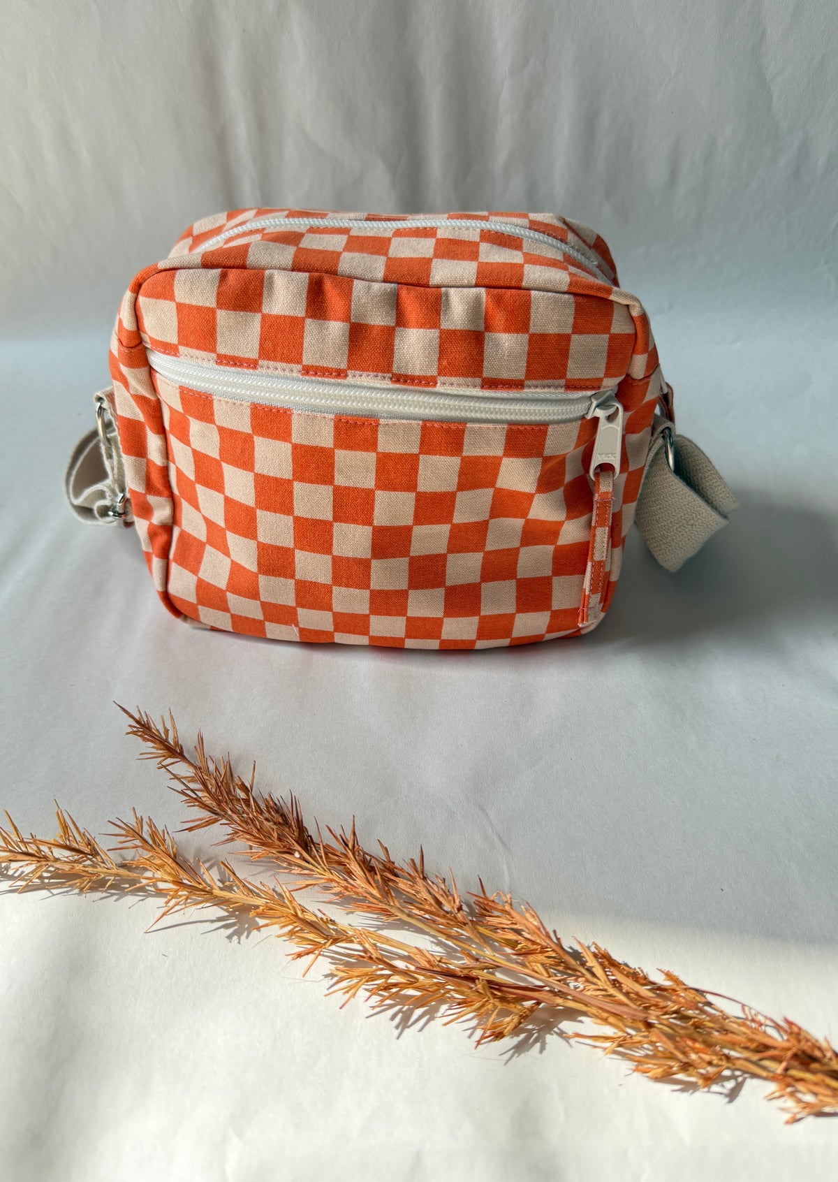 Orange Checkered Cotton Canvas Multi-pocket Crossbody Sling – Travel Light, Stay Stylish