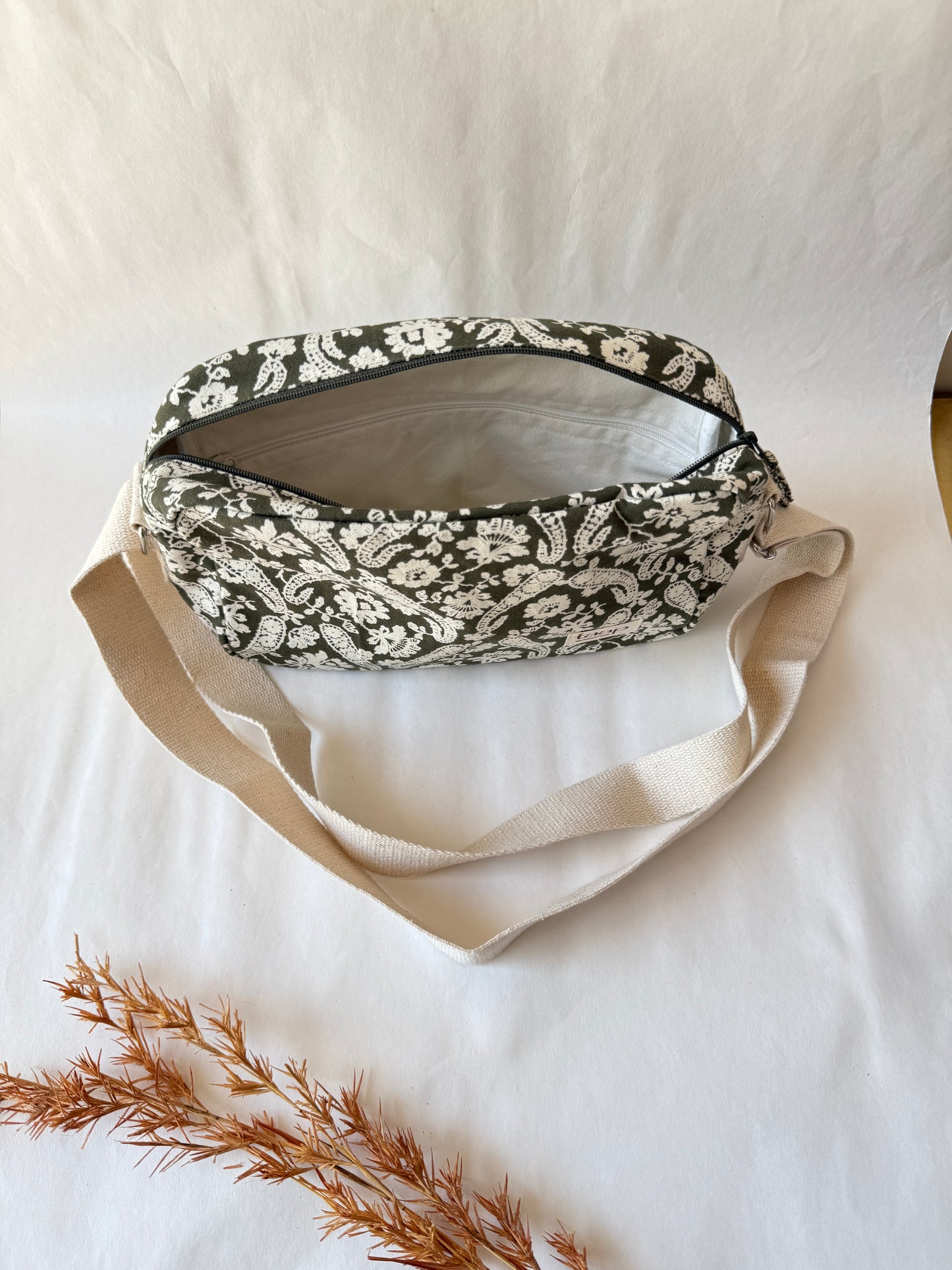Green Paisley Cotton Canvas Horizontal Sling with Inside Pocket – Sleek, Secure & Always Ready