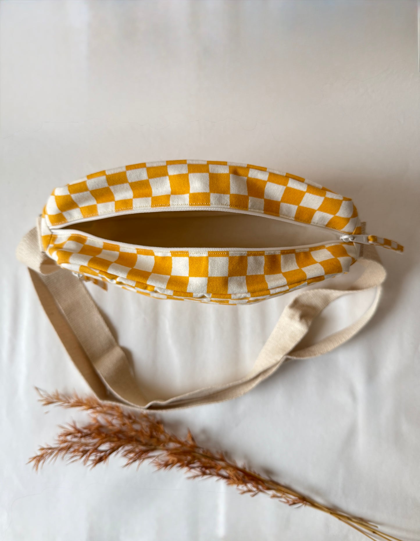 Yellow Checkered Cotton Canvas Horizontal Sling with Front & Inside Pocket – Sleek, Secure & Always Ready