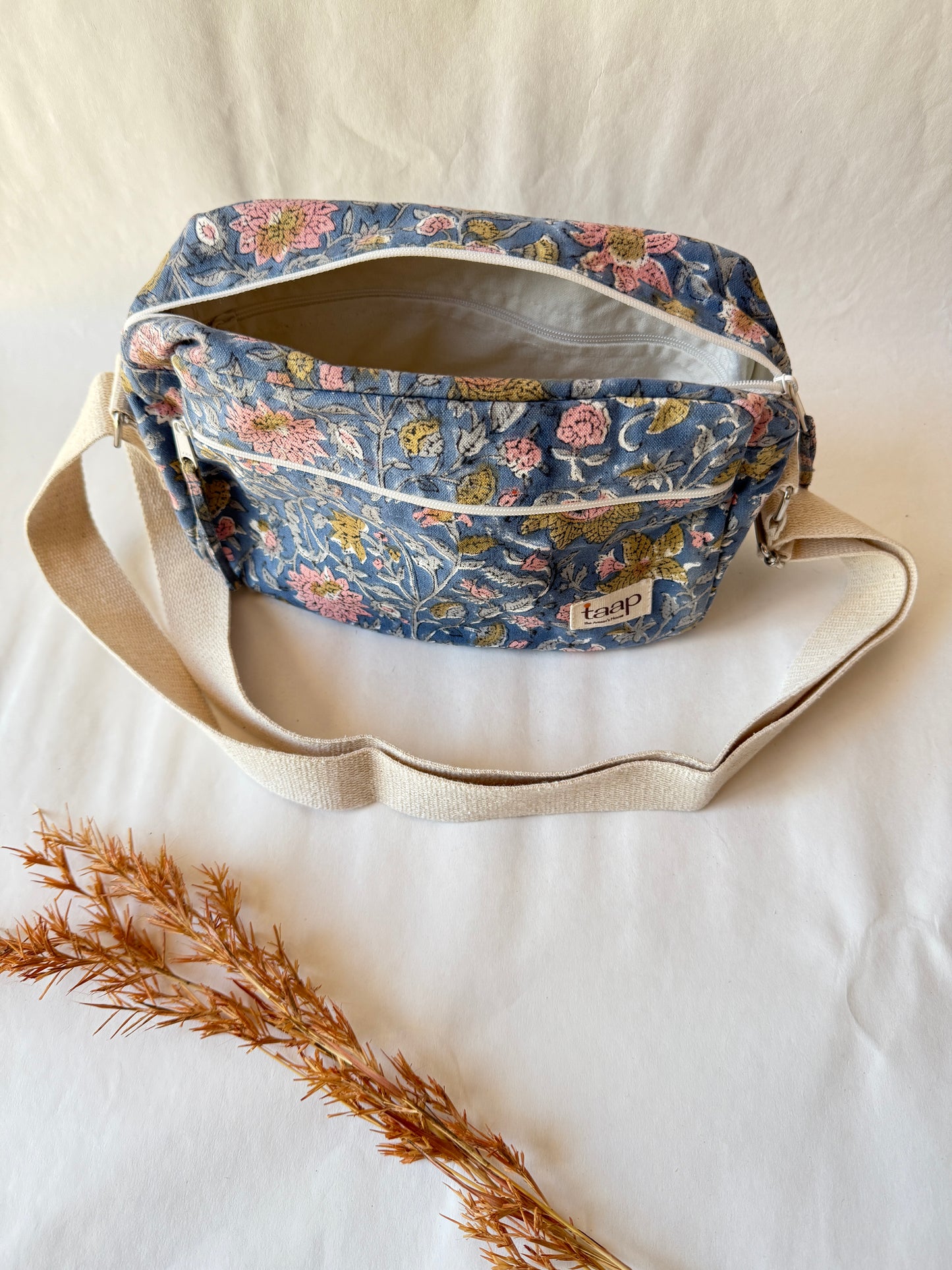 Dark Blue Floral Cotton Canvas Horizontal Sling with Front & Inside Pocket – Sleek, Secure & Always Ready