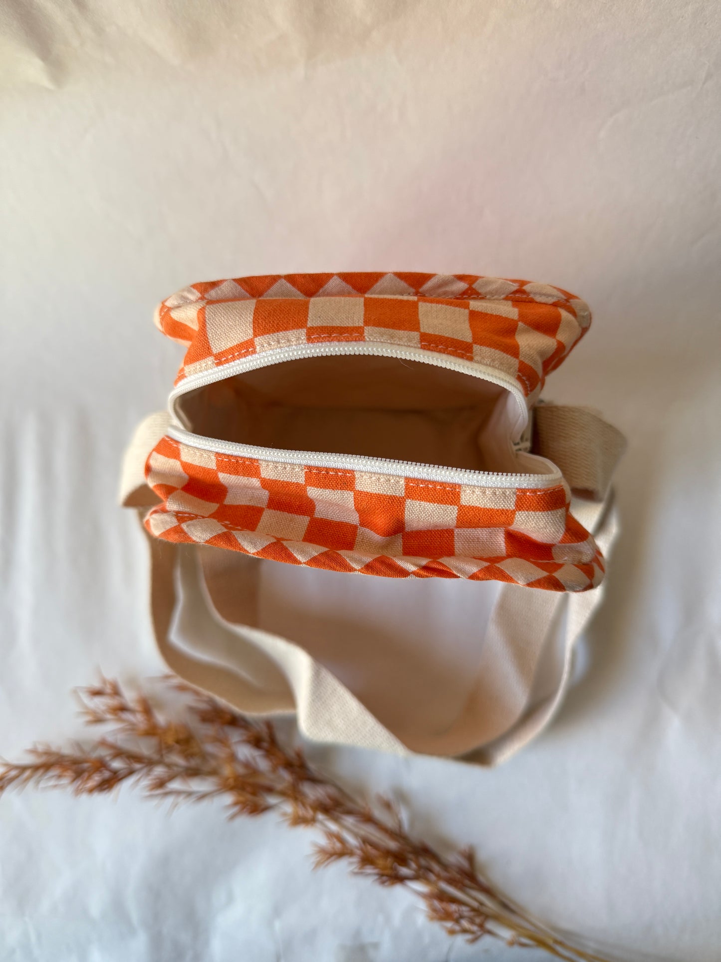 Orange Checkered Cotton Canvas Vertical Crossbody Sling – Travel Light, Stay Stylish