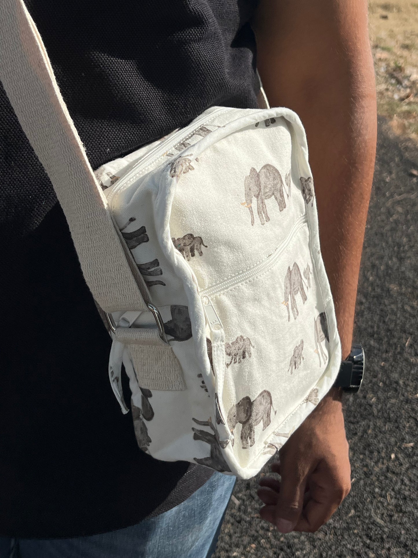 Elephant Cotton Canvas Vertical Crossbody Sling – Travel Light, Stay Stylish (White)