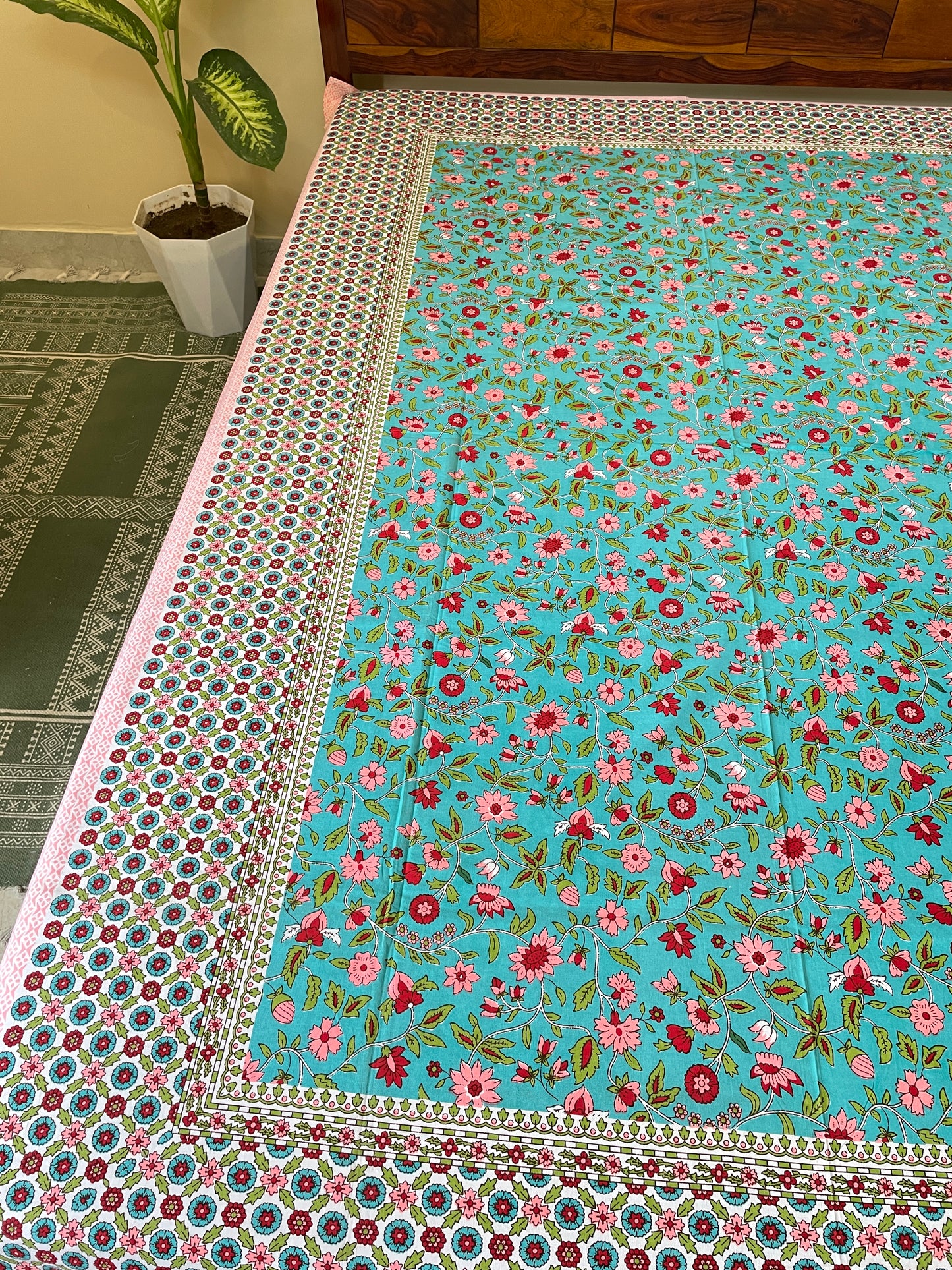 Teal Floral Single Bedsheet Without Pillow Cover (60”*90”)
