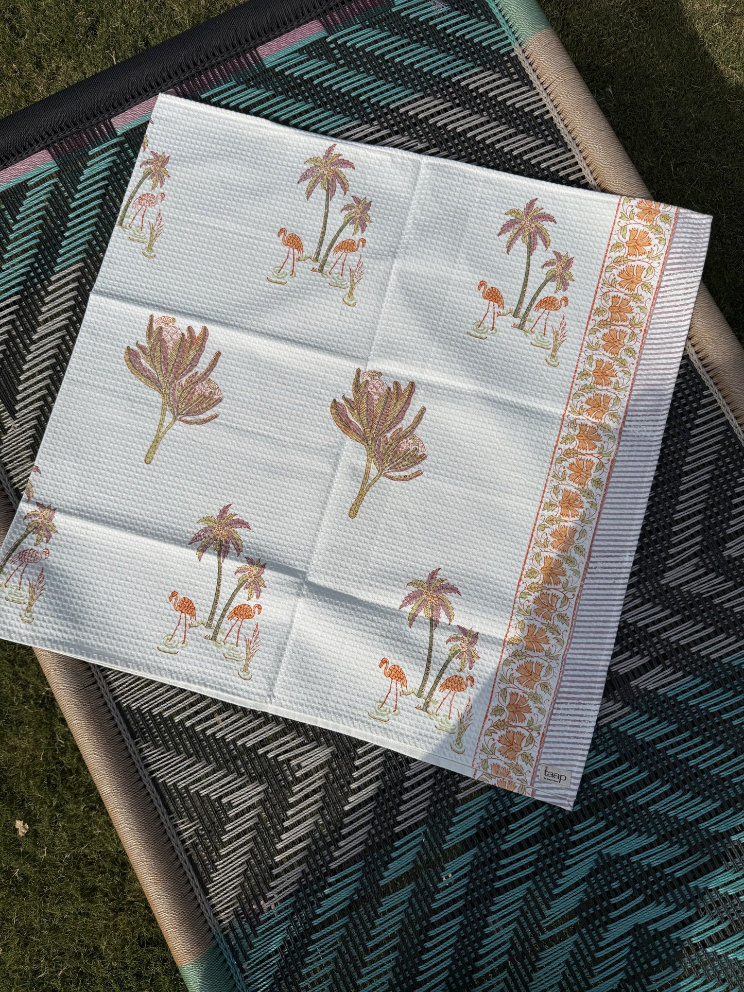 Flamingo Handblock Cotton Waffle Bath Towe Set ( 1 Bath Towel + 2 Hand Towel)