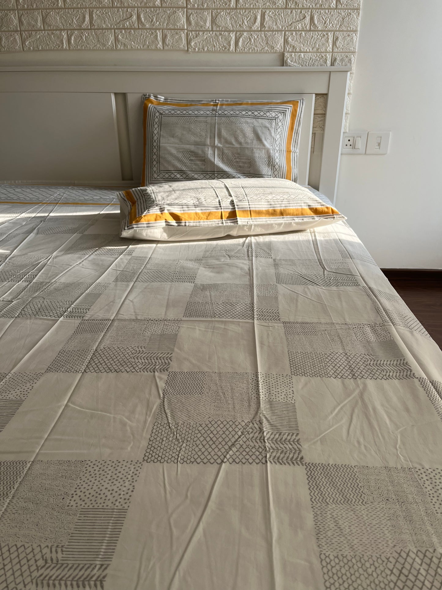 Geometric Patch HandBlock King Size Bedsheet with 2 Pillow Covers (108”*108”)