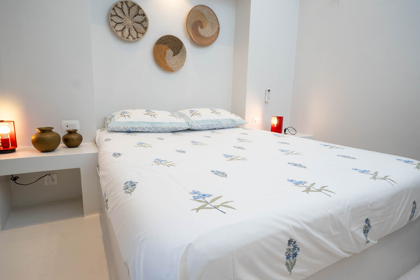 Blue Bloom HandBlock Queen Size Bedsheet Set with 2 Pillow Covers (90”*108”)