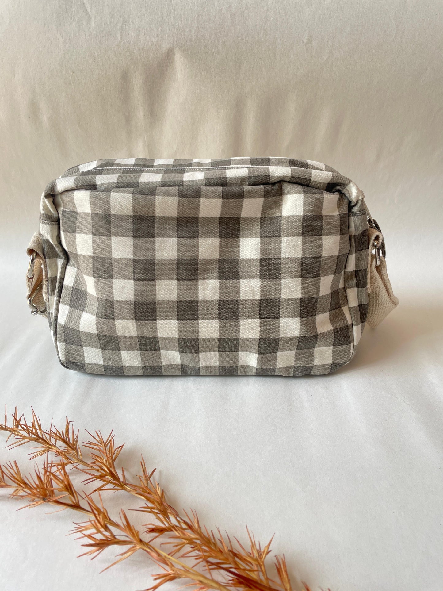 Grey Checkered Cotton Canvas Horizontal Sling with Front & Inside Pocket – Sleek, Secure & Always Ready