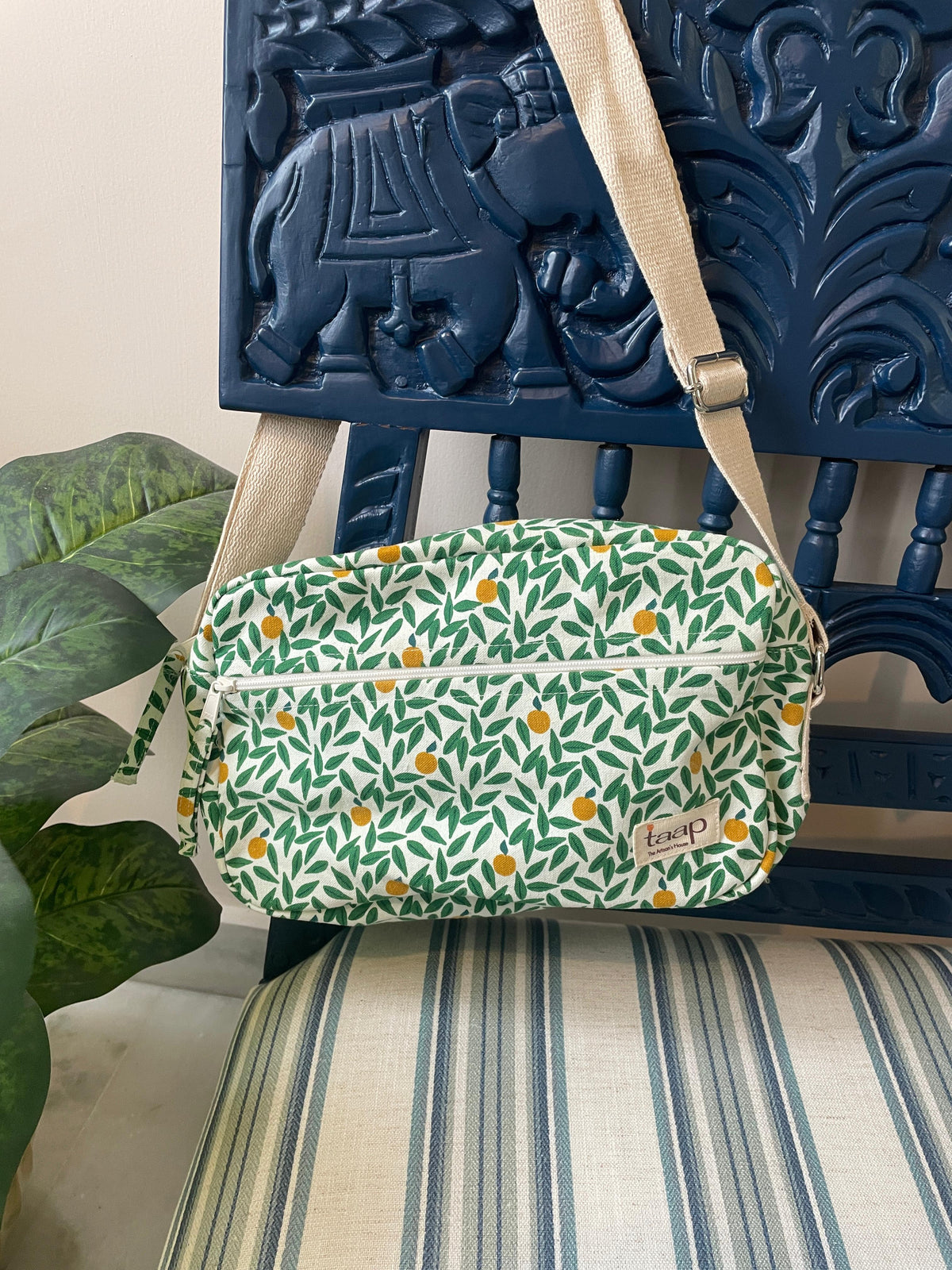 Green Leaf Cotton Canvas Horizontal Sling with Front & Inside Pocket – Sleek, Secure & Always Ready