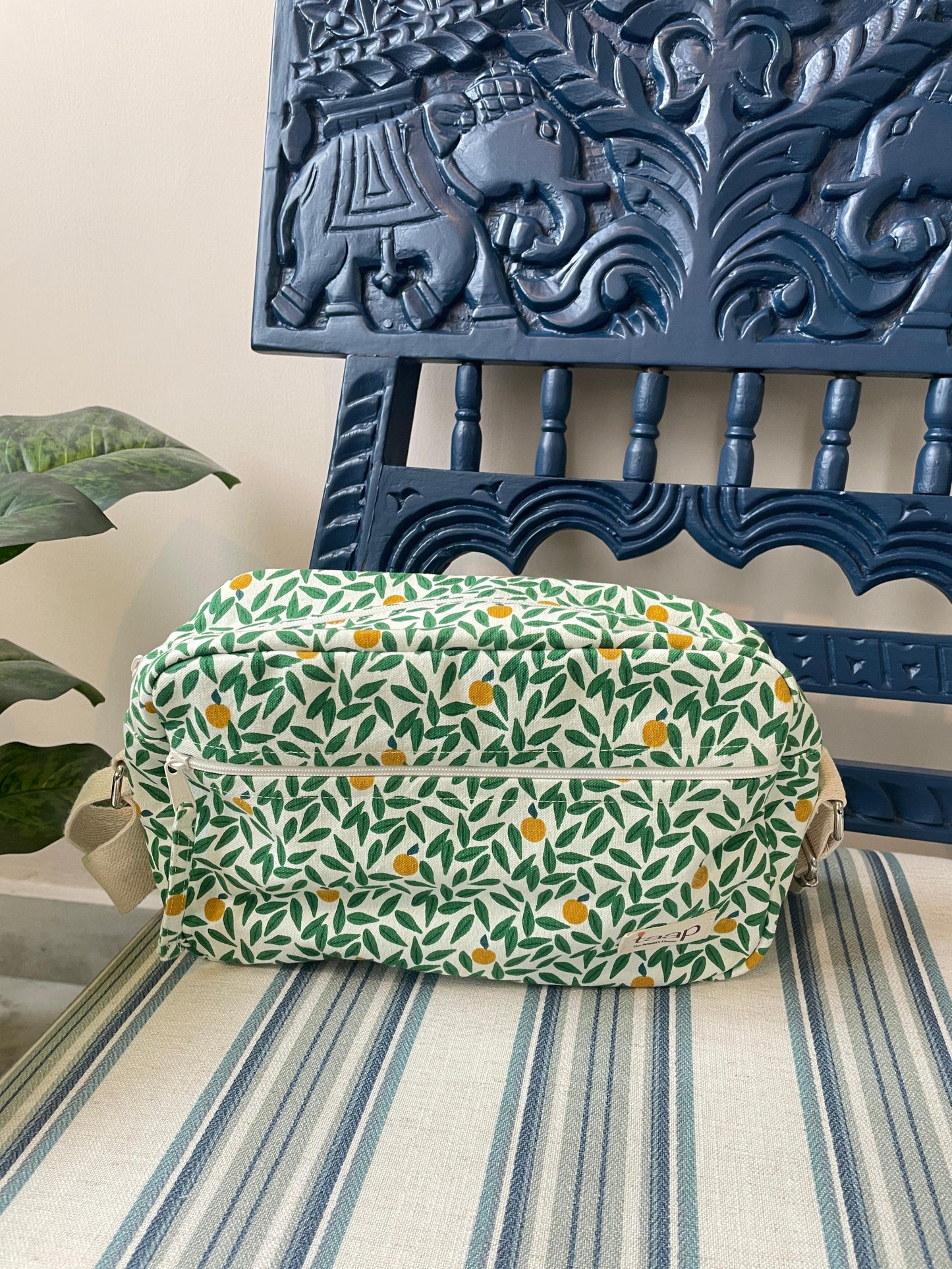 Green Leaf Cotton Canvas Horizontal Sling with Front & Inside Pocket – Sleek, Secure & Always Ready