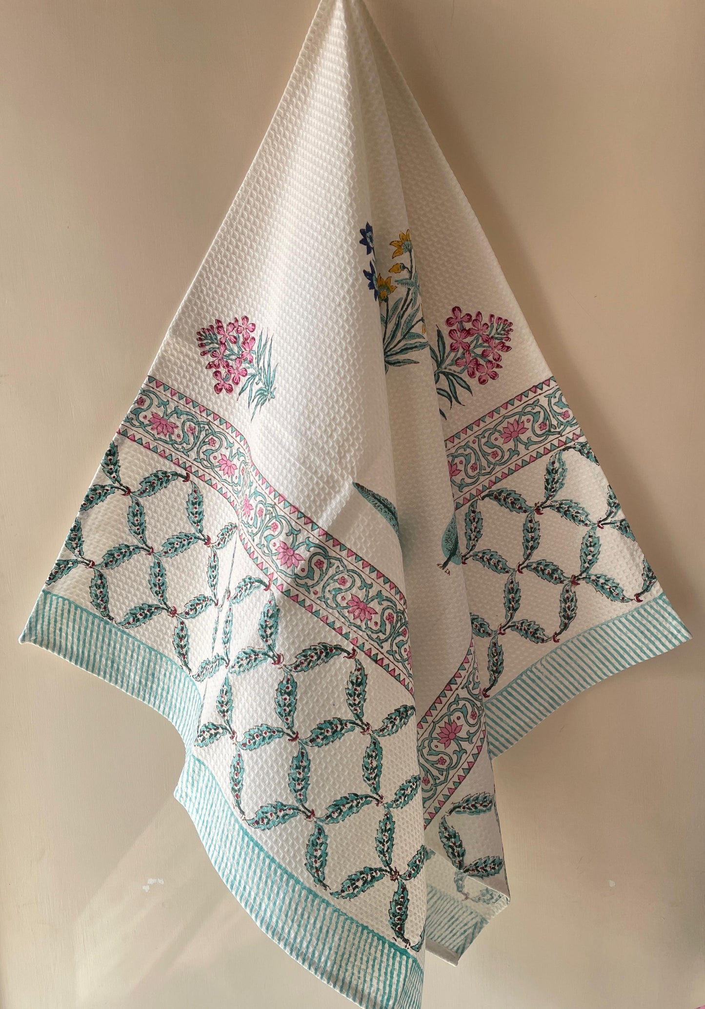 Spring Reverie Handblock Cotton Waffle Bath Towe Set ( 1 Bath Towel + 2 Hand Towel)