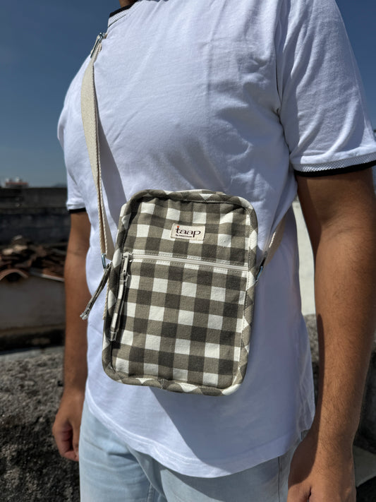 Grey Checkered Cotton Canvas Vertical Crossbody Sling – Travel Light, Stay Stylish