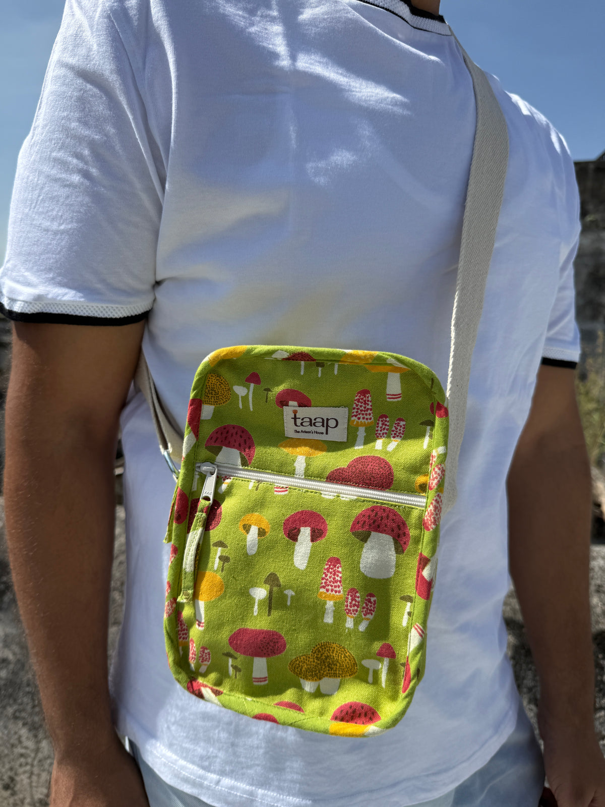Mushroom Cotton Canvas Vertical Crossbody Sling – Travel Light, Stay Stylish