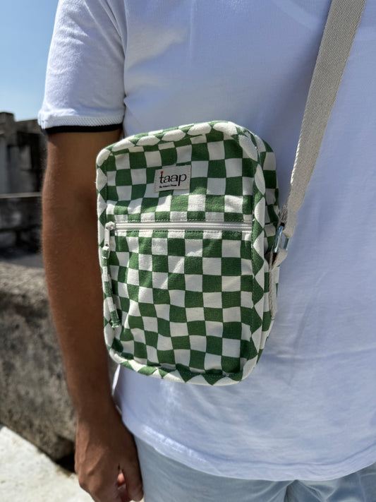 Green Checkered Cotton Canvas Vertical Crossbody Sling – Travel Light, Stay Stylish