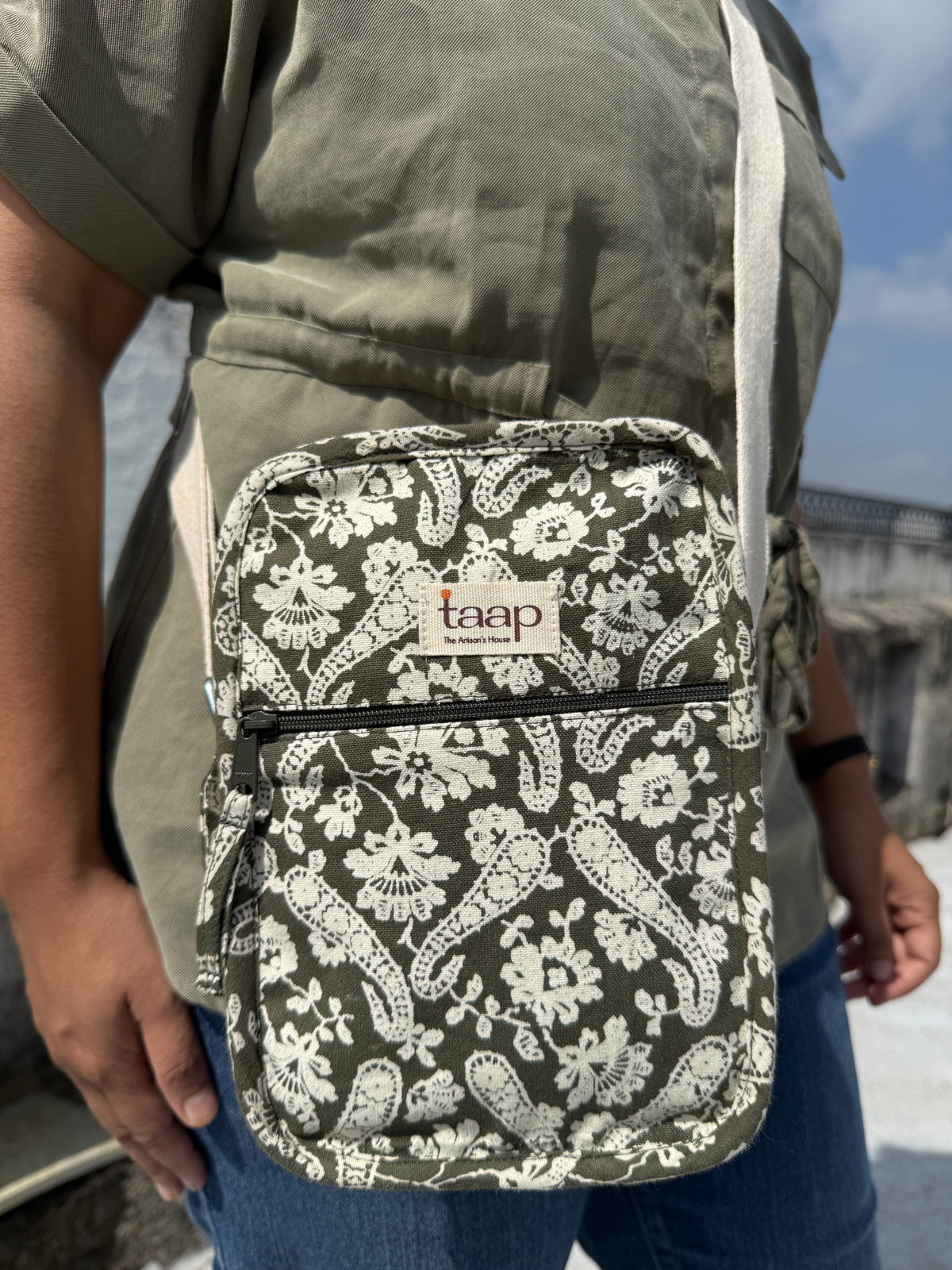 Green Paisley Cotton Canvas Vertical Crossbody Sling – Travel Light, Stay Stylish
