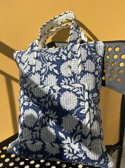Blue Floral Vertical Cotton Quilted Tote Bag