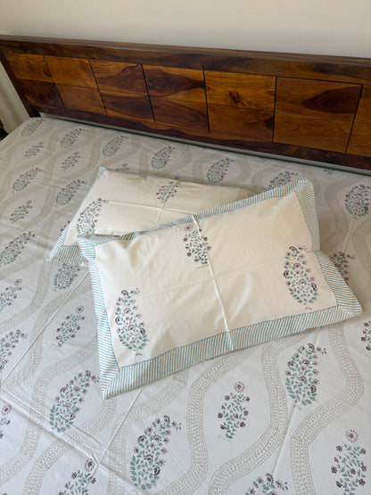 Serene Cascade HandBlock King Size Bedsheet Set with 2 Pillow Covers (108”*108”)