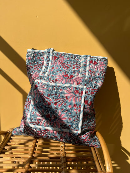 Blush Meadow Vertical Cotton Quilted Tote Bag