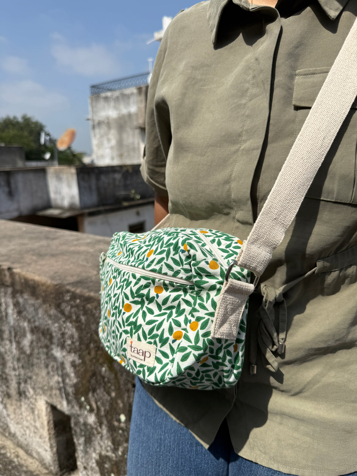 Green Leaf Cotton Canvas Horizontal Sling with Front & Inside Pocket – Sleek, Secure & Always Ready
