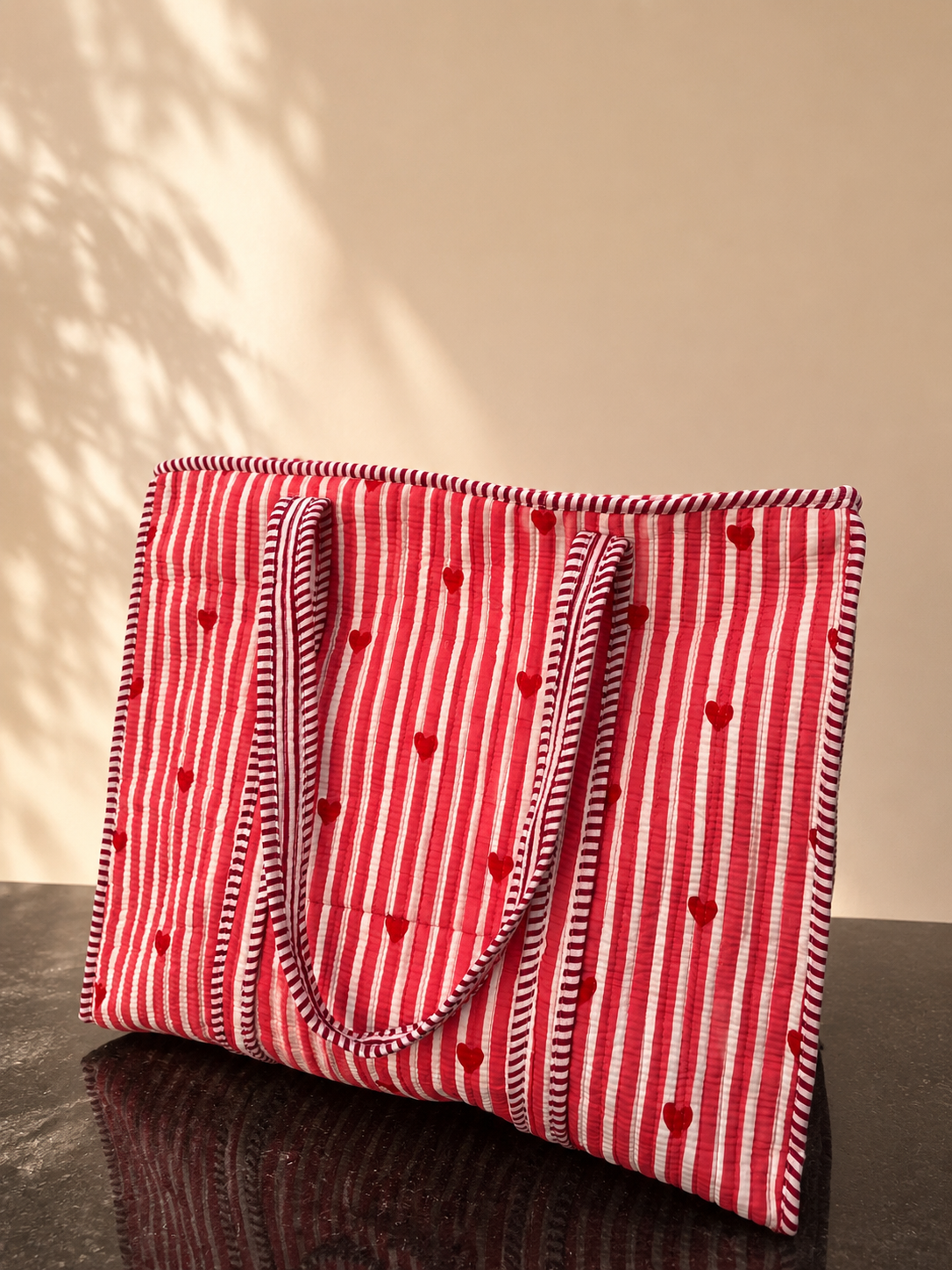 Red Heart Horizontal Cotton Quilted Tote Bag