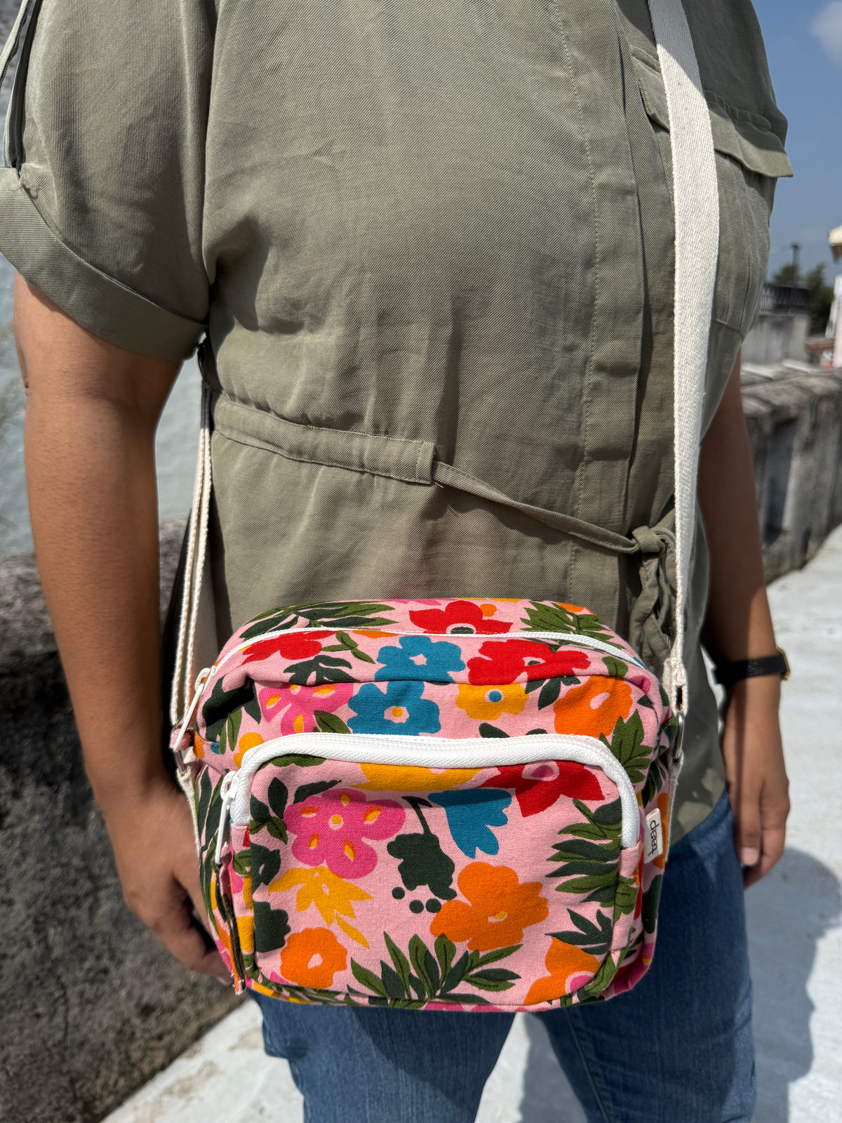 Tropical Blush Bloom Cotton Canvas Multi-pocket Crossbody Sling – Travel Light, Stay Stylish
