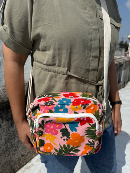 Tropical Blush Bloom Cotton Canvas Multi-pocket Crossbody Sling – Travel Light, Stay Stylish
