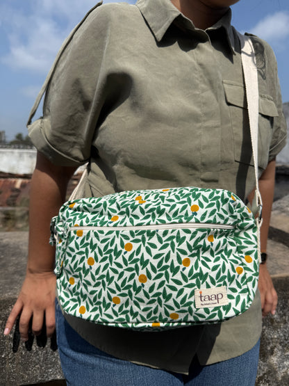 Green Leaf Cotton Canvas Horizontal Sling with Front & Inside Pocket – Sleek, Secure & Always Ready