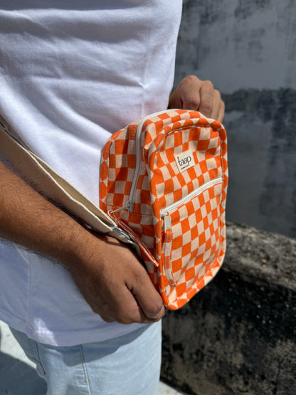 Orange Checkered Cotton Canvas Vertical Crossbody Sling – Travel Light, Stay Stylish