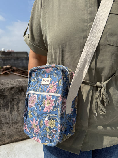 Dark Blue Floral Cotton Canvas Vertical Crossbody Sling – Travel Light, Stay Stylish