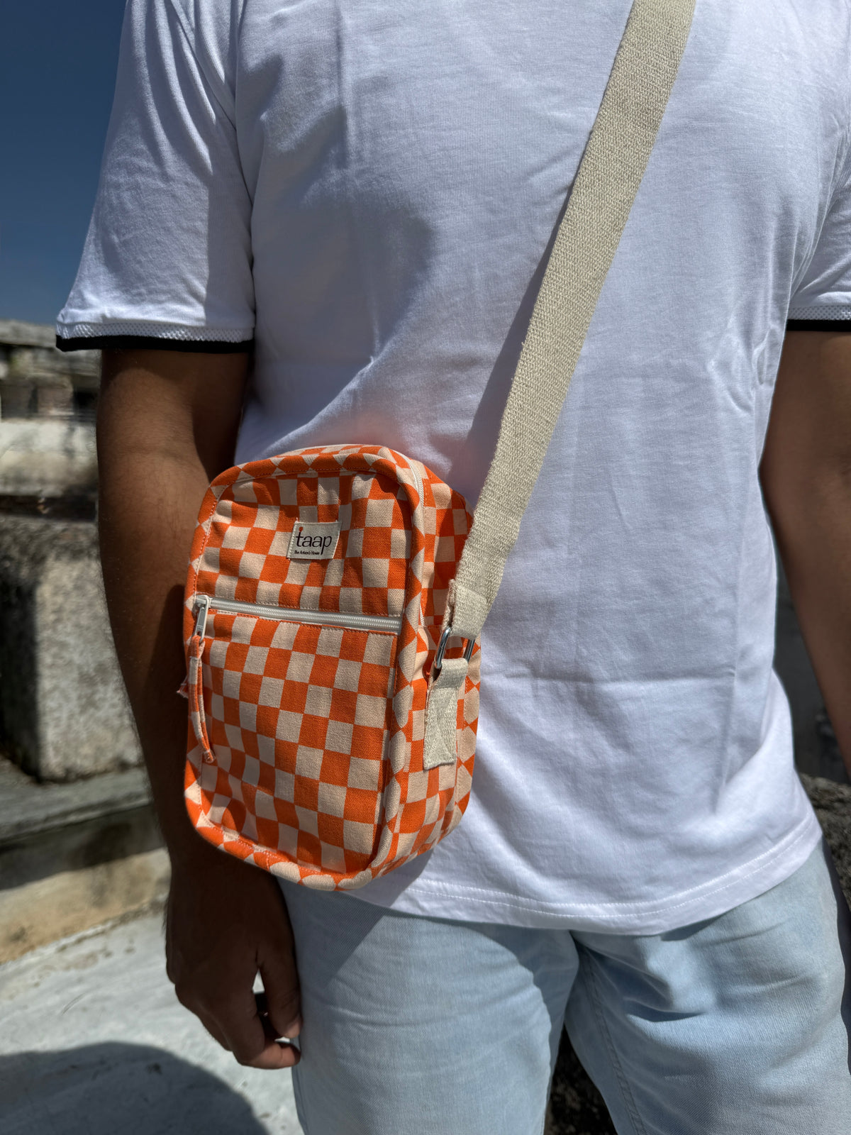 Orange Checkered Cotton Canvas Vertical Crossbody Sling – Travel Light, Stay Stylish