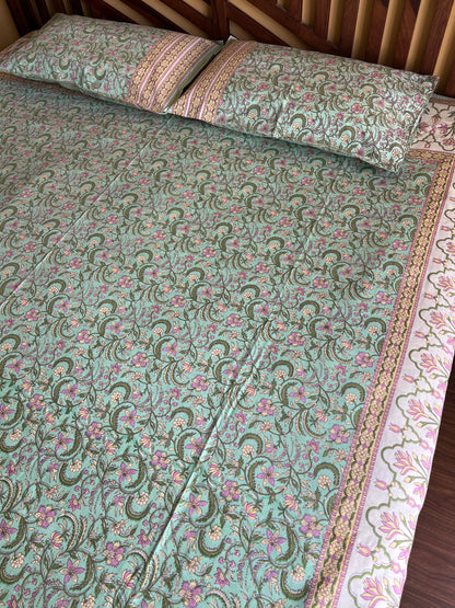 Morning Dew Cotton Queen Size Bedsheet with 2 Pillow Covers (90”*108”)