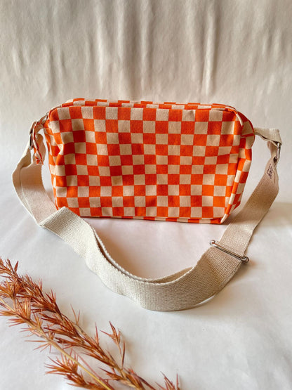 Orange Checkered Cotton Canvas Horizontal Sling with Inside Pocket – Sleek, Secure & Always Ready