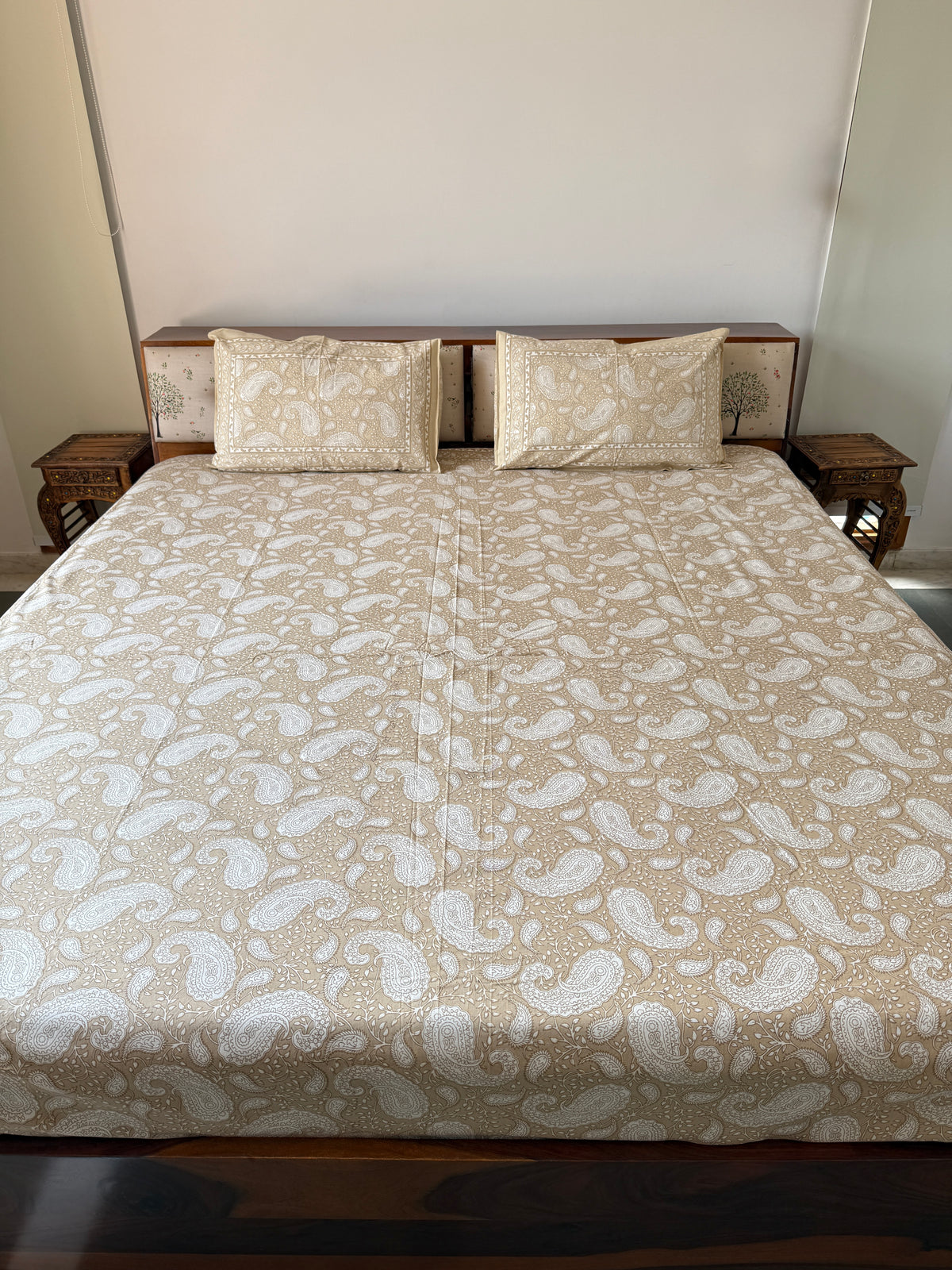 Mustard Paisely Pure Cotton King Size Bedsheet Set with 2 Pillow Covers (108”*108”)