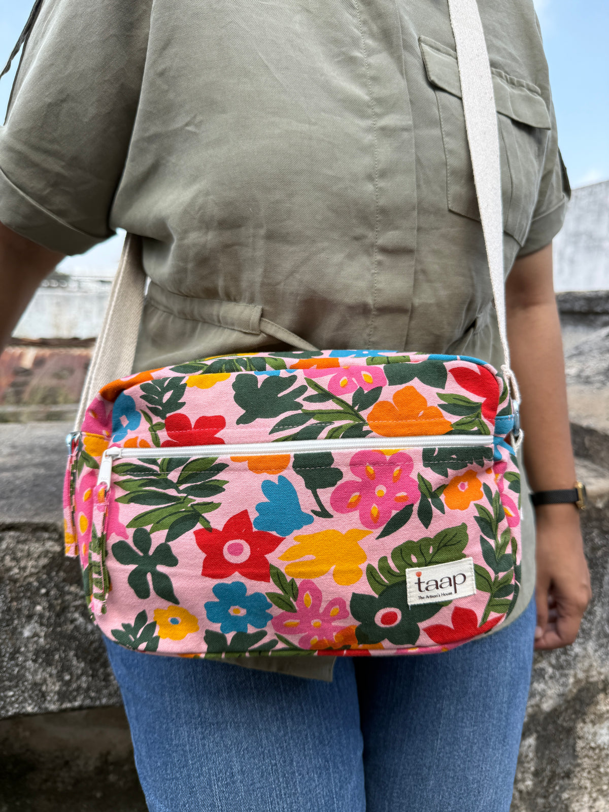 Tropical Floral Cotton Canvas Horizontal Sling with Front & Inside Pocket – Sleek, Secure & Always Ready