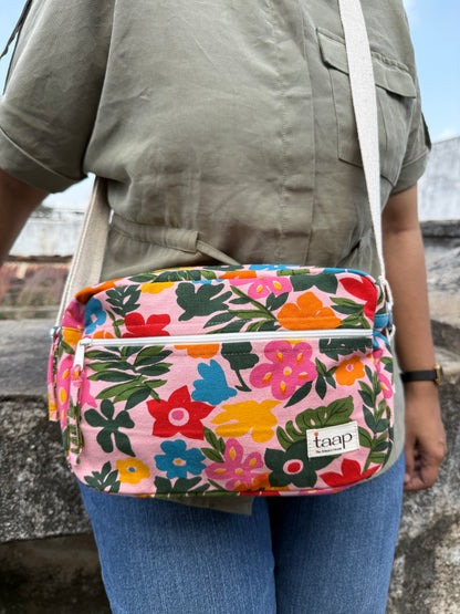 Tropical Floral Cotton Canvas Horizontal Sling with Front & Inside Pocket – Sleek, Secure & Always Ready