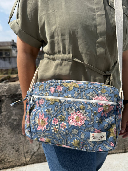 Dark Blue Floral Cotton Canvas Horizontal Sling with Front & Inside Pocket – Sleek, Secure & Always Ready