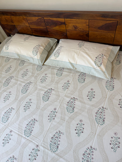 Serene Cascade HandBlock King Size Bedsheet Set with 2 Pillow Covers (108”*108”)