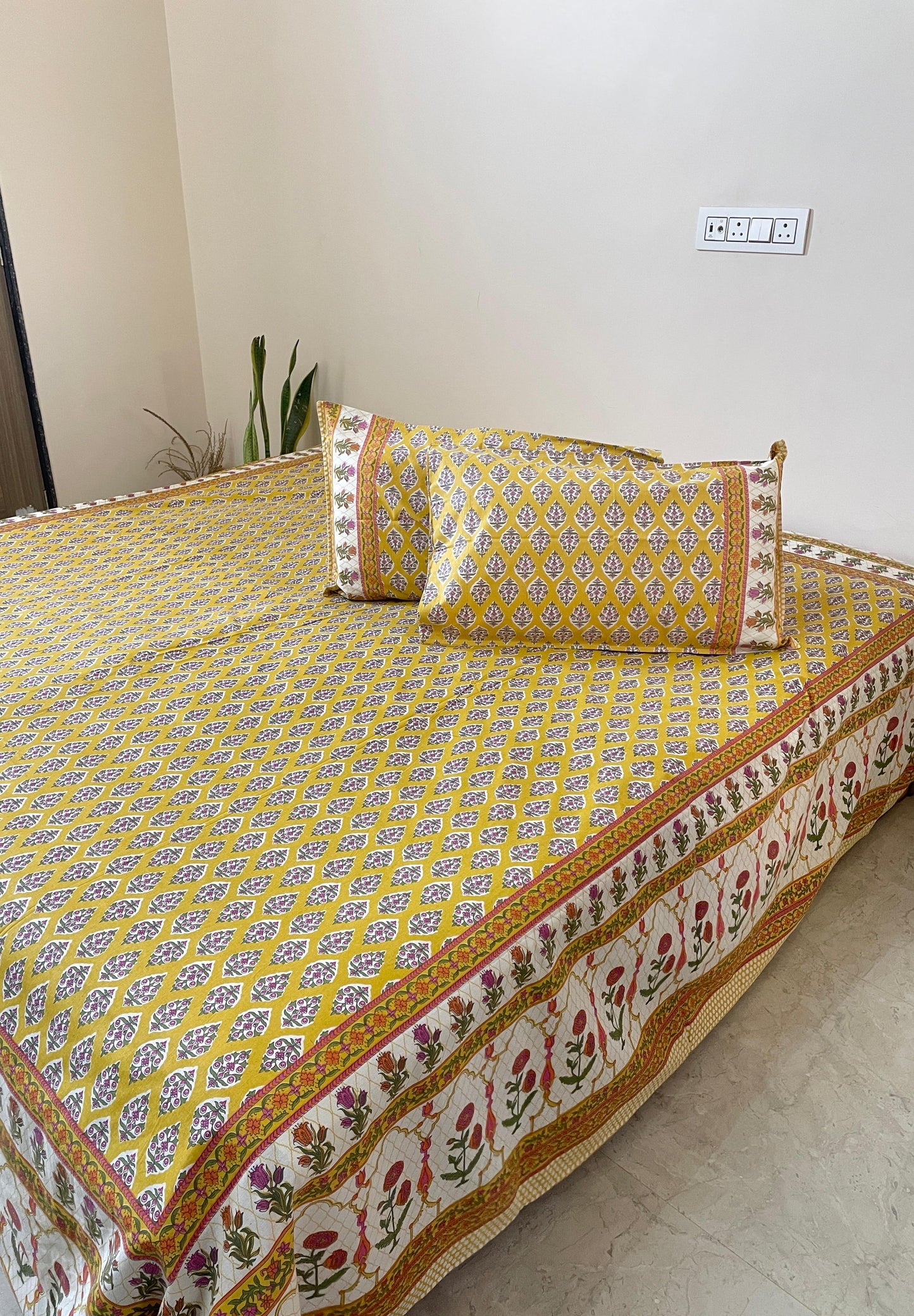 Marigold Meadow Pure Cotton King Size Bedsheet Set with 2 Pillow Covers (108”*108”)