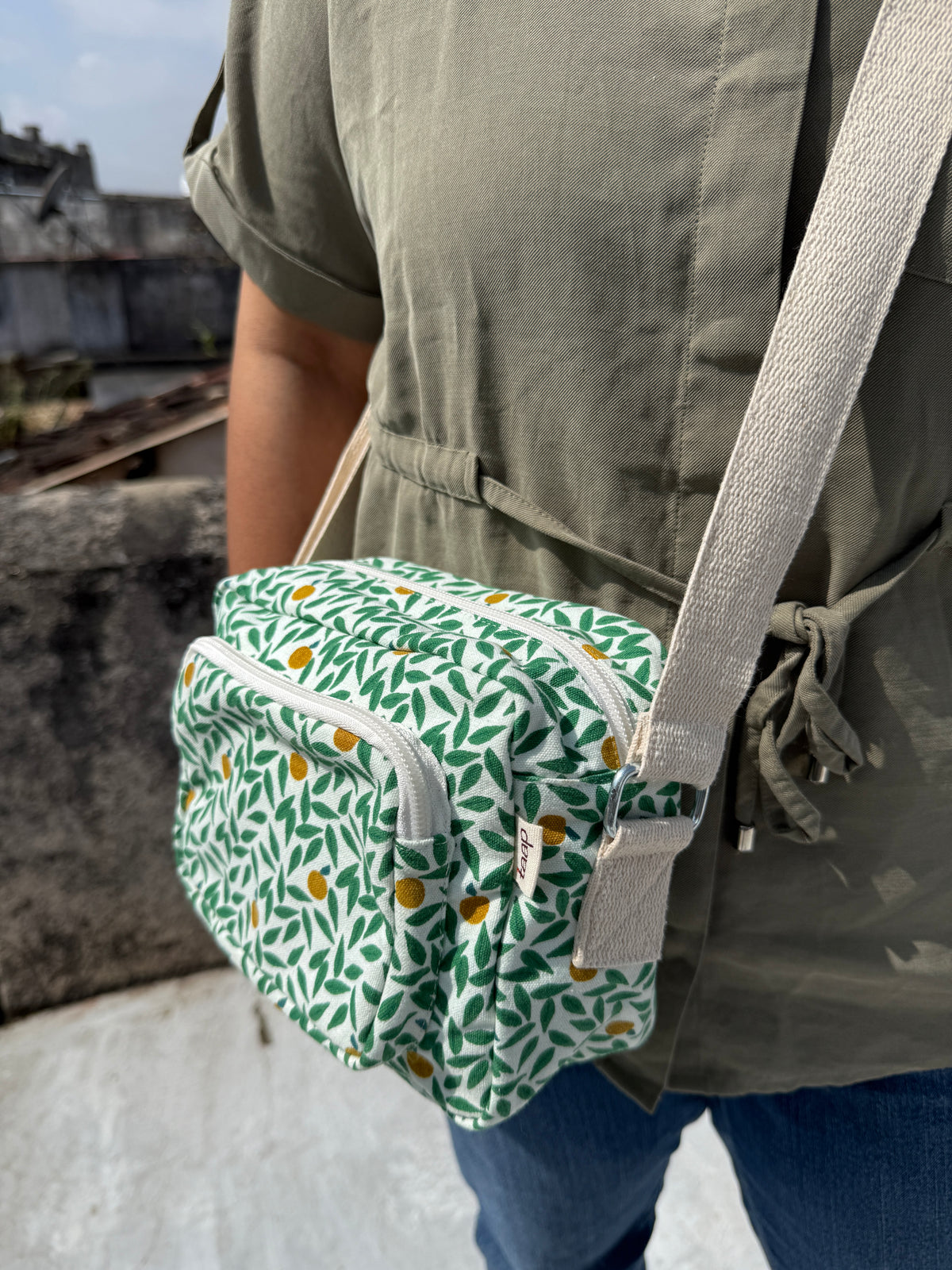 Green Leaf Cotton Canvas Multi-pocket Crossbody Sling – Travel Light, Stay Stylish