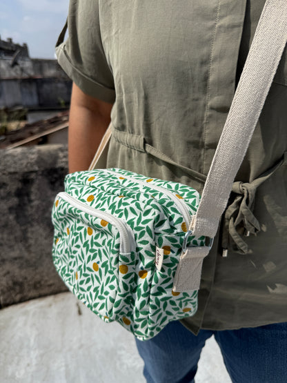 Green Leaf Cotton Canvas Multi-pocket Crossbody Sling – Travel Light, Stay Stylish
