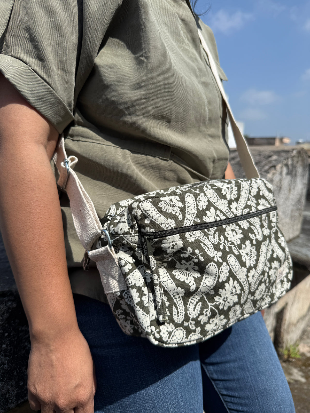 Green Paisley Cotton Canvas Horizontal Sling with Front & Inside Pocket – Sleek, Secure & Always Ready