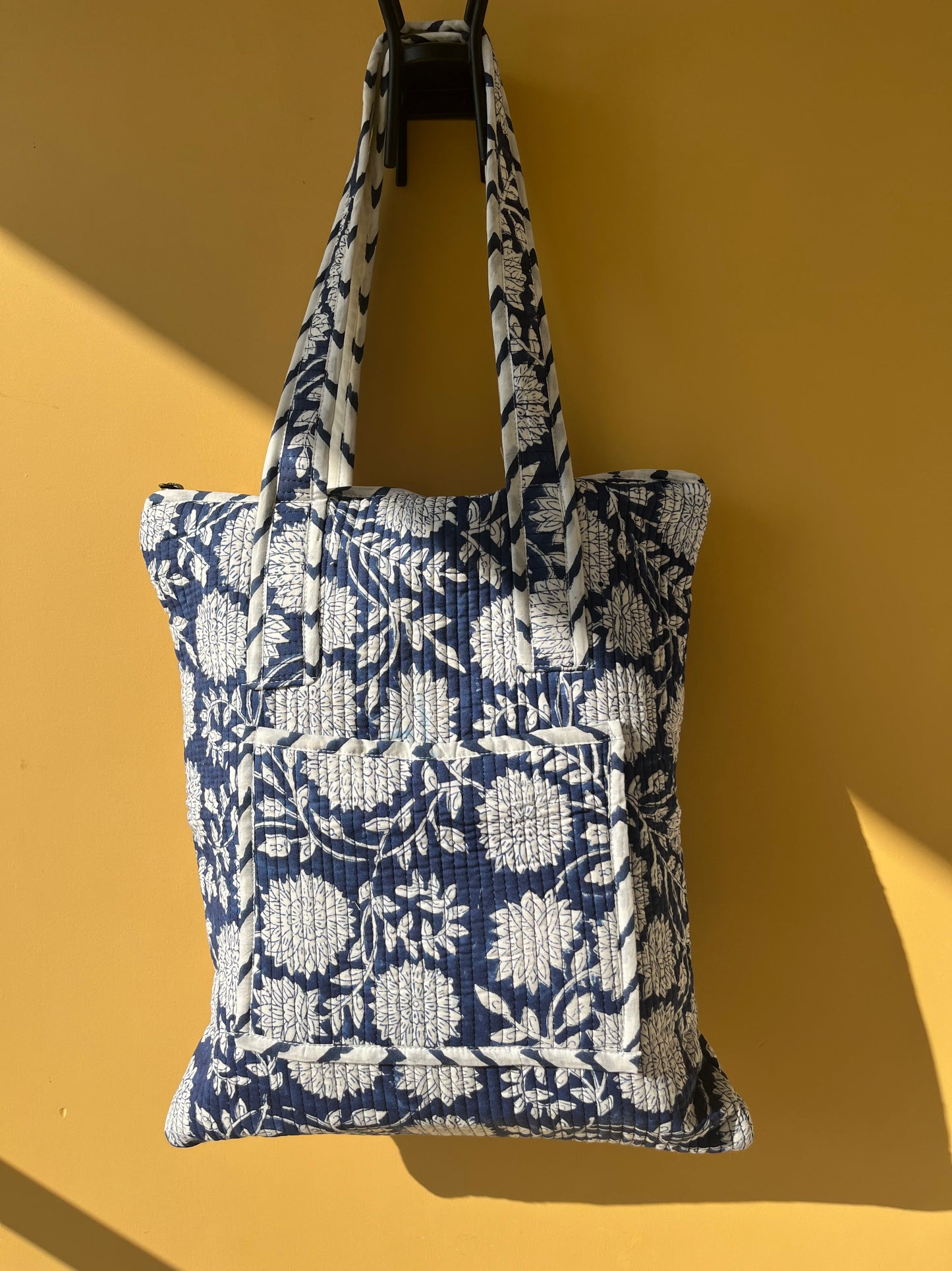 Blue Floral Vertical Cotton Quilted Tote Bag