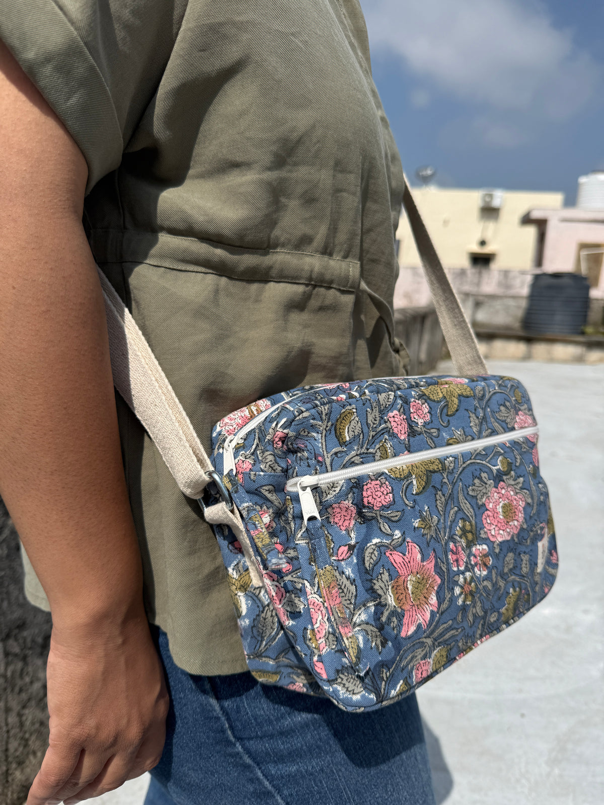 Dark Blue Floral Cotton Canvas Horizontal Sling with Front & Inside Pocket – Sleek, Secure & Always Ready