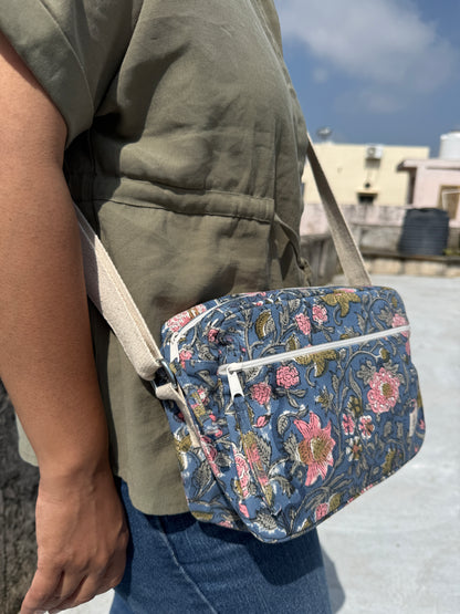 Dark Blue Floral Cotton Canvas Horizontal Sling with Front & Inside Pocket – Sleek, Secure & Always Ready