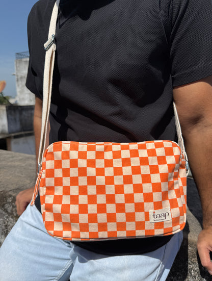 Orange Checkered Cotton Canvas Horizontal Sling with Inside Pocket – Sleek, Secure & Always Ready