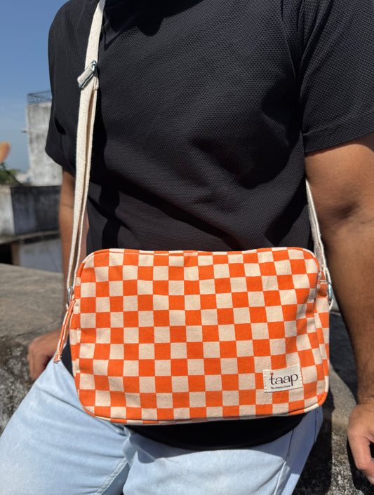 Orange Checkered Cotton Canvas Horizontal Sling with Inside Pocket – Sleek, Secure & Always Ready