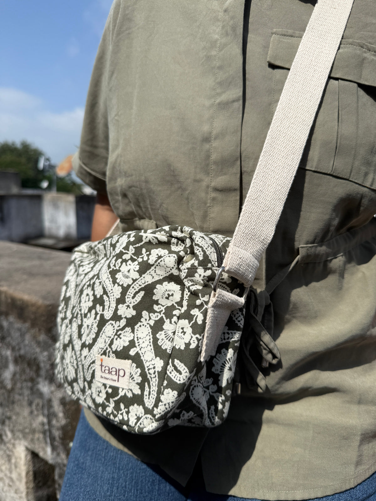 Green Paisley Cotton Canvas Horizontal Sling with Inside Pocket – Sleek, Secure & Always Ready