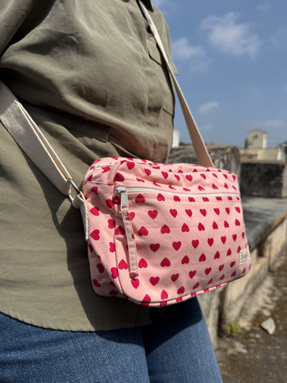 Pink Heart Cotton Canvas Horizontal Sling with Front & Inside Pocket – Sleek, Secure & Always Ready