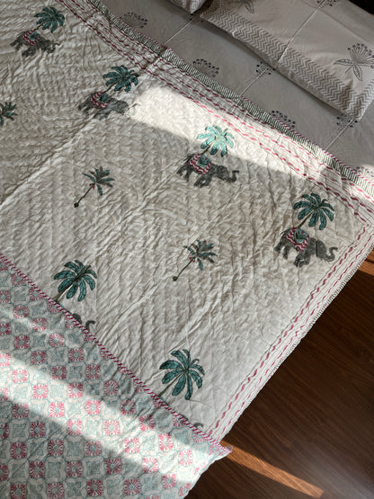 Elephant Print Handblock Double Bed Quilt (90”*108”)